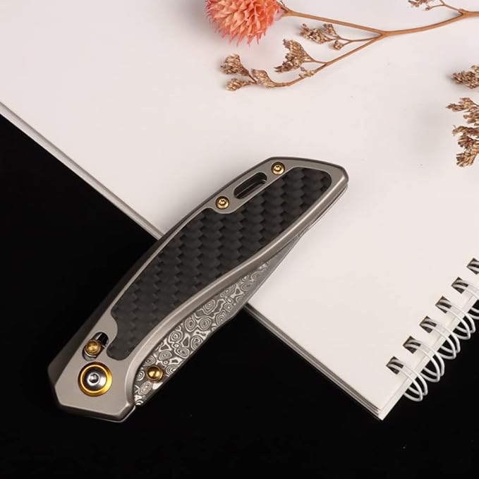 MASALONG Kni256 Pocket Knife, EDC Folding Knives, 3.77 "VG10 Damascus Blade, Carbon Fiber Alloy