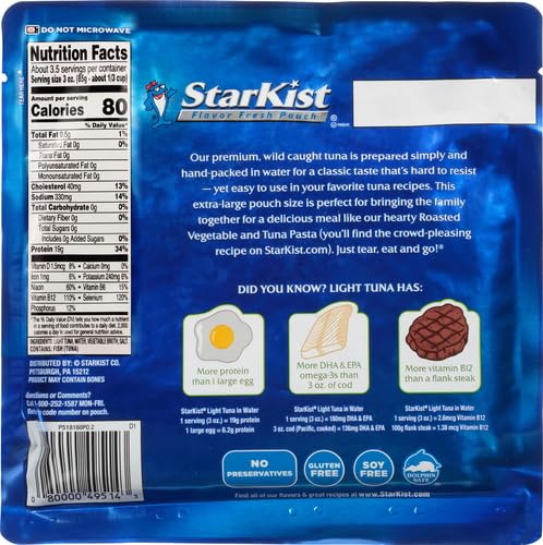 StarKist Chunk Light Tuna in Water, 11 oz Pouch (1 Pack) Ready to Eat Wild Caught Tuna, 19g Protein