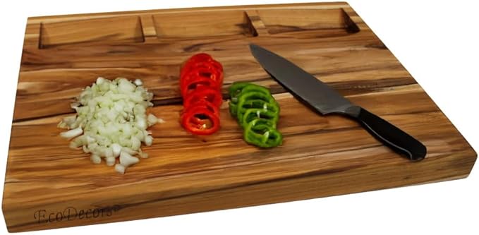 EcoDecors, Teak Cutting Board 20"x15" Reversible Edge Grain, Extra Large Solid Teak Wood Carving
