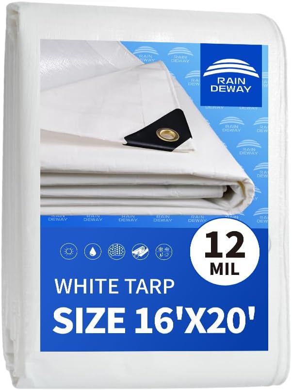 RAINDEWAY 12 Mil Heavy Duty White Tarp 16x20 Feet, UV Resistant, Waterproof, Weatherproof Poly Tarp