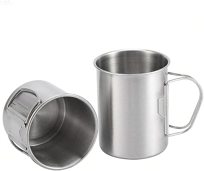 Stainless Camping Cup, 350ml Stainless Steel Camping Cup with Lid and Foldable Handle, High