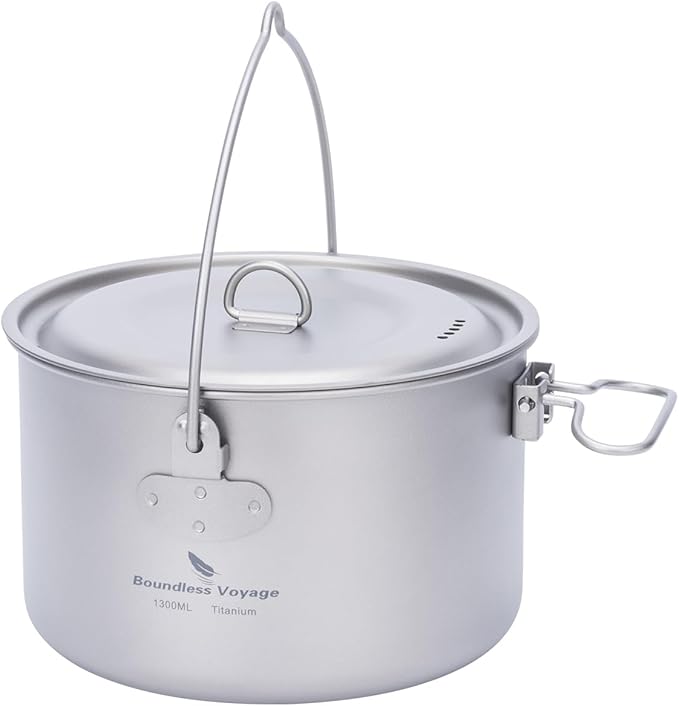 iBasingo 1.3L (1300ml) Titanium Pot with Lid Lightweight Backpacking Cook Pot for Solo Camping