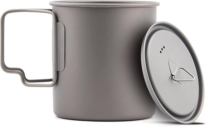 Titanium Camping Mug 750 ml / 25 oz Single-Wall Pot with Lid, Ultralight Backpacking Cup, Folding