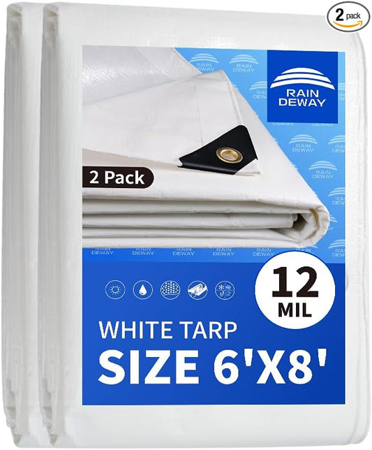 RAINDEWAY 12 Mil Heavy Duty White Tarp 6x8 Feet (2 Pack), UV Resistant, Waterproof, Weatherproof