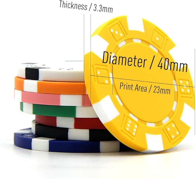 100 Custom Dice Striped Poker Chips, Print Your Text, Logo or Design, Casino Sized Chips for Texas