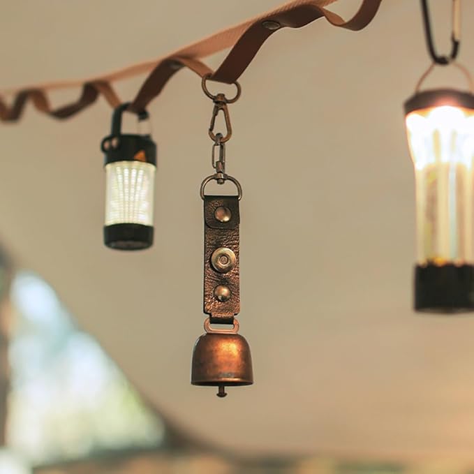 Hiking Bear Bell with Leather Strap, Vintage Magnetic Camping Bell with Carabiner Clip for Camping