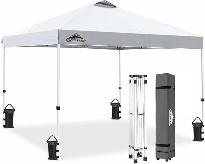 EAGLE PEAK Pop Up Canopy Tent with Wheeled Carry Bag, 8 Stakes, 4 Ropes, 4 Weight Bags, Easy Set Up