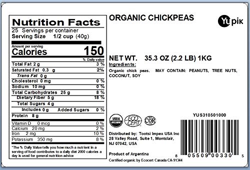 Yupik Organic Raw Chickpeas, 2.2 lb (35.2 oz), Pack of 6, Garbanzo Beans, Non-GMO, Vegan