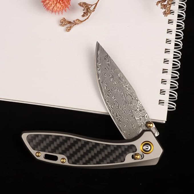 MASALONG Kni256 Pocket Knife, EDC Folding Knives, 3.77 "VG10 Damascus Blade, Carbon Fiber Alloy