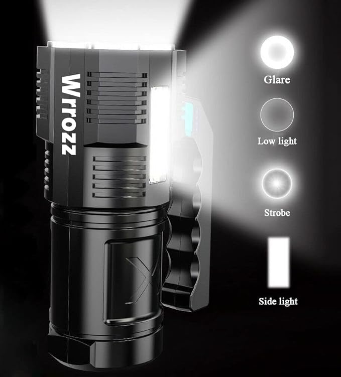 LED Flashlight USB Rechargeable, High Lumens Tactical Light with Sidelight, 4X LED, Zoomable