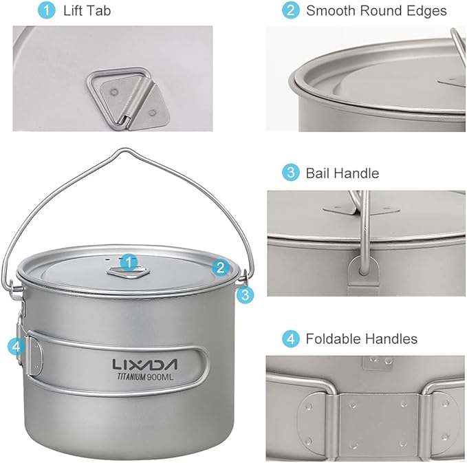 Titanium Pot, 750ml/900ml/1100ml Ultralight Titanium Pot Water Mug Cup with Lid and Foldable Handle
