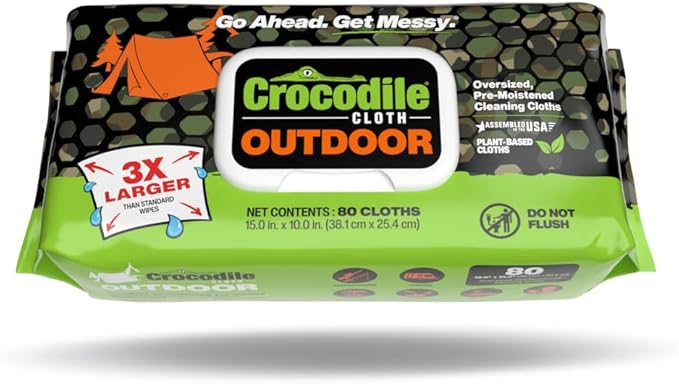 Crocodile Cloth Outdoor Cleaning Wipes ??8 Packs/640 Total Count Plant-Based Cloths (15"x10"), Skin