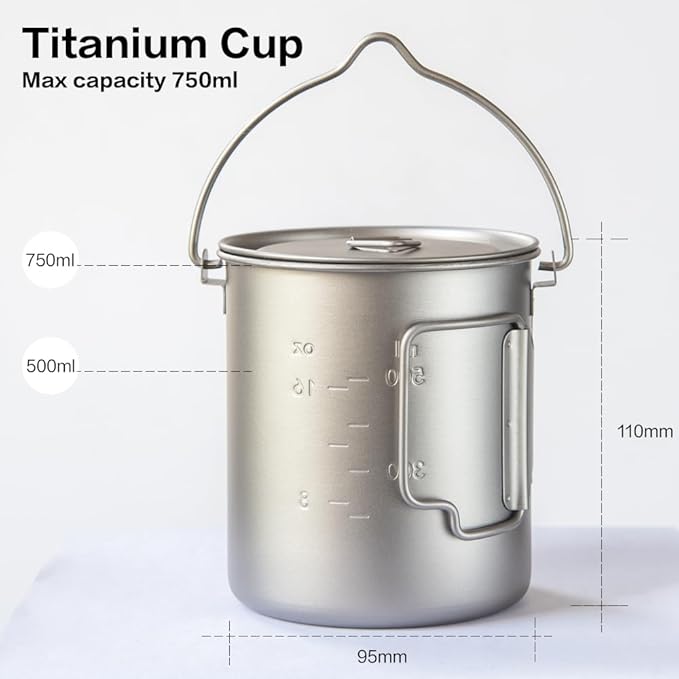 750ml/26oz Titanium Camping Pot with Lid and Foldable Handle, Ultralight Camping Mug for Hiking