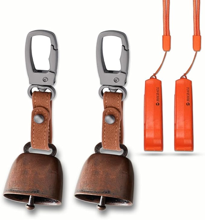 Loud Bear Bell with Silencer for Hikers, Bronze Colored Bear Bells with Emergency Whistle and