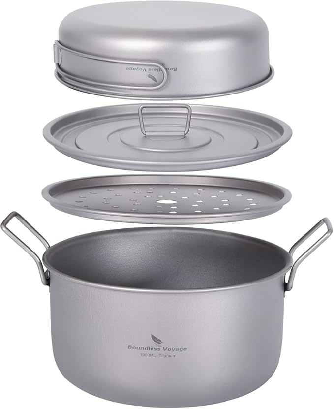 Boundless Voyage Multifunctional Titanium Steamer Pot with Frying Pan and Vented Lid Outdoor