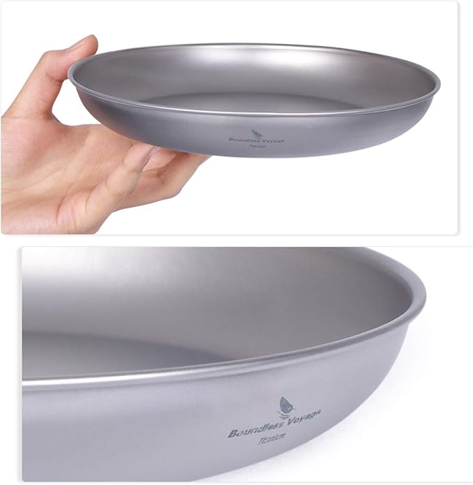 iBasingo Titanium Plate 18.5cm Ultralight Camping Dinner Plate, Reusable Metal Dish for Steak