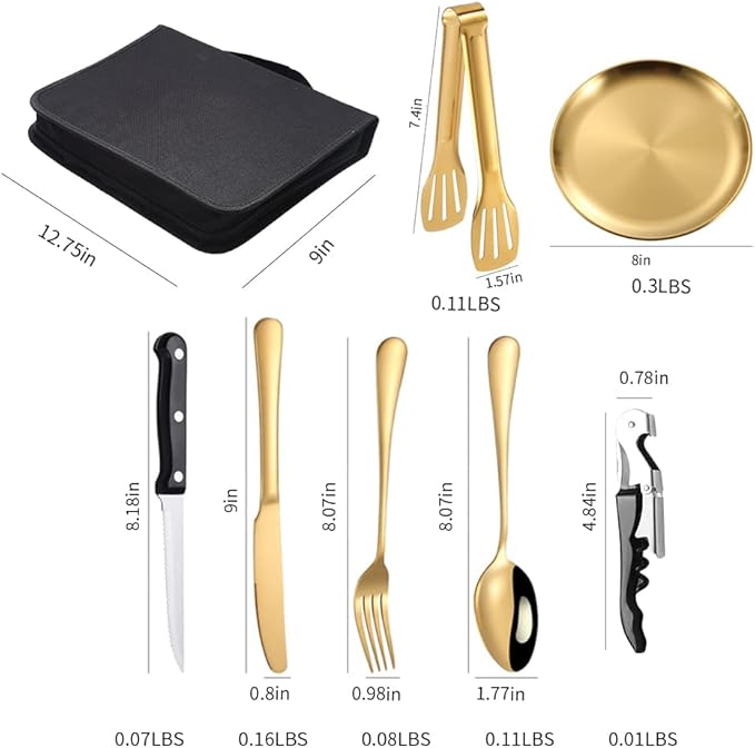 Picnic Dishes Utensils Gold Camping Flatware Set for 4 Portable Tableware Plates Silverware Forks