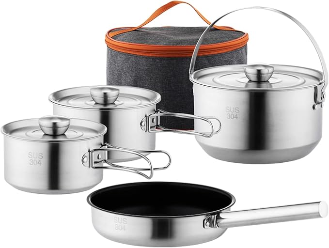 304 Stainless Steel Camping Cookware Set, Pots and Pans for Campfire Cooking, Includes Travel Tote