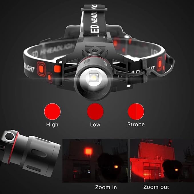 WINDFIRE New Brightest Red Light Hunting Headlamp Zoomable 3 Modes Bright Head Lamp Rechargeable