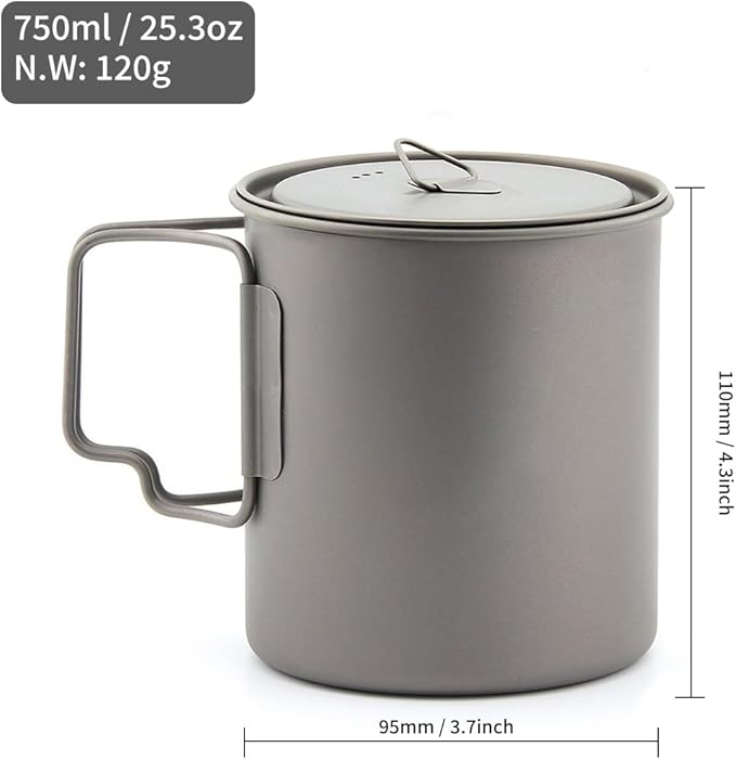 Titanium Camping Mug 750 ml / 25 oz Single-Wall Pot with Lid, Ultralight Backpacking Cup, Folding