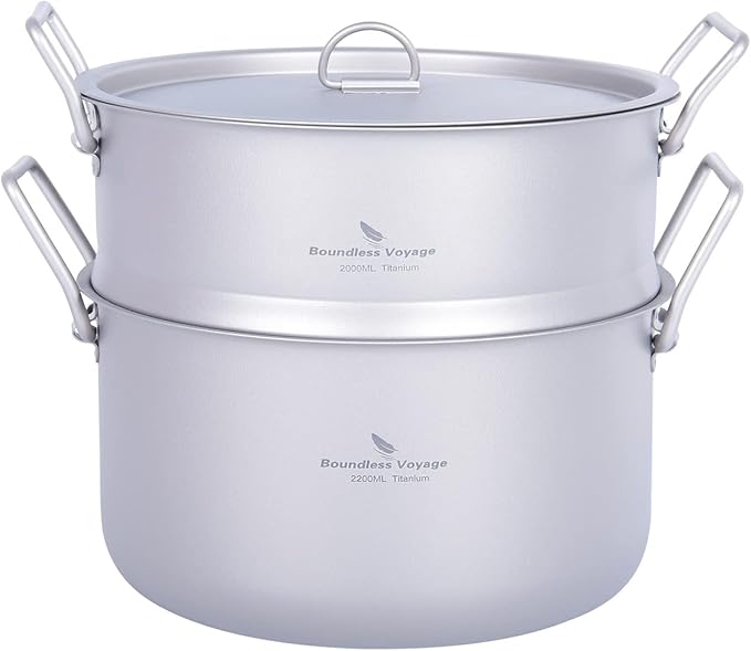 iBasnigo 2.2L Titanium Pot with Steamer Lightweight Portable Cookware Set for Camping Hiking
