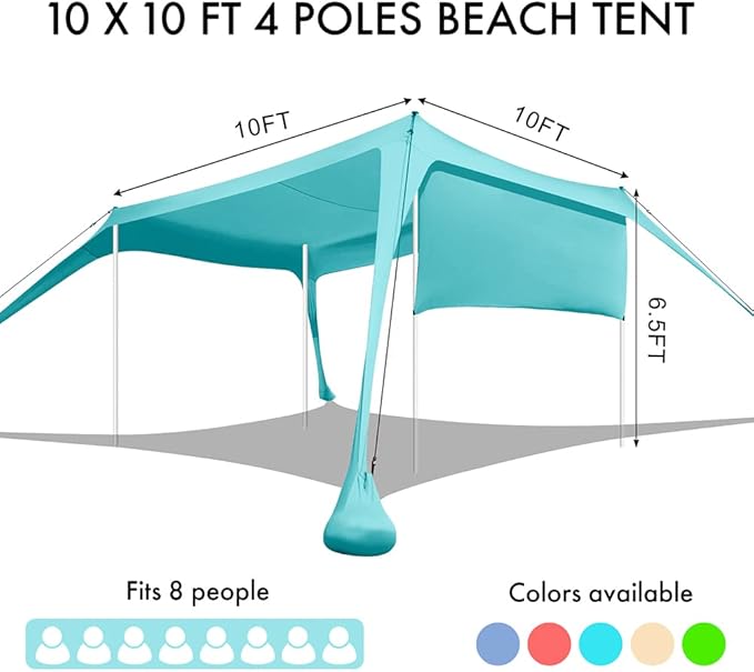Beach Canopy Tent Shade with Sidewalls 10x10FT, 6.6FT Tall, UPF50+ Sun Shelter, Windproof & Water