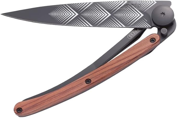 deejo - 0.9 OZ, Black Titanium, Coral Wood, Art Déco - Ultra-Light Folding Pocket Knife with a Belt