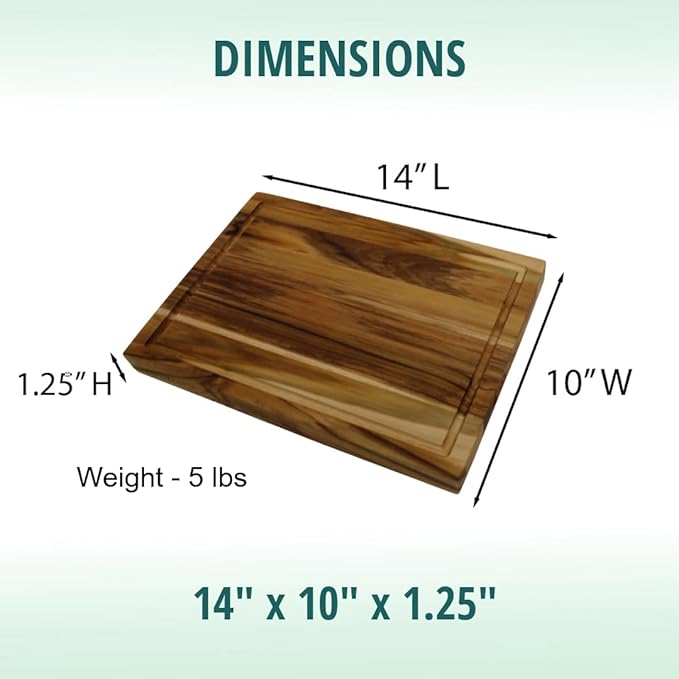 EcoDecors, Teak Cutting Board 14"x10", Reversible Teak Wood Edge Grain Carving Board with Juice