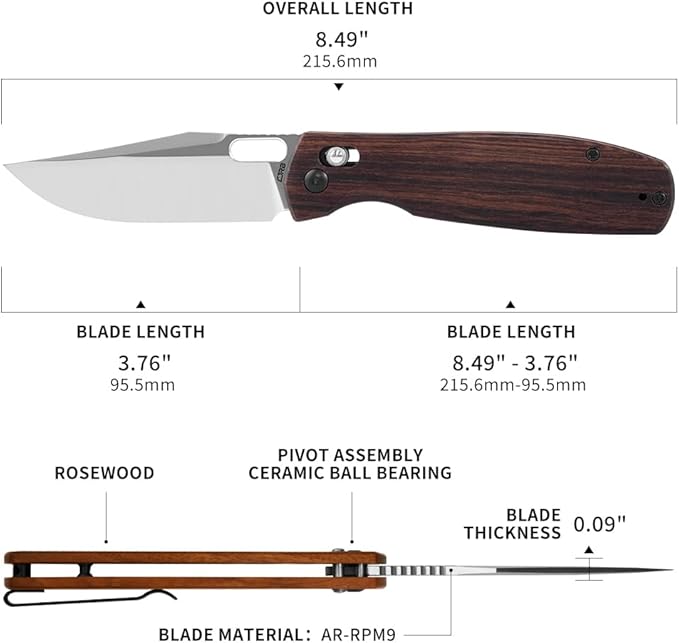 CJRB Prado Folding Pocket Knife 3.76" AR-RPM9 Sand Polish Steel Blade Rosewood Handle Crossbar Lock