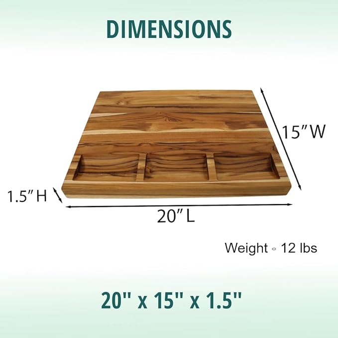 EcoDecors, Teak Cutting Board 20"x15" Reversible Edge Grain, Extra Large Solid Teak Wood Carving