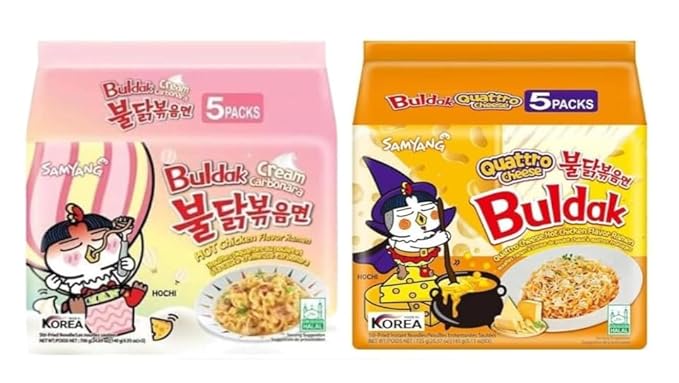 Samyang Buldak Hot Spicy Chicken Ramen Noodle Korean Stir-Fried Ramen, Cream Carbonara & Quattro