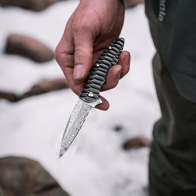 Damascus Pocket Knife, 2.87" Damascus Blade Folding Knives with Stainless Steel Handle, EDC Knife