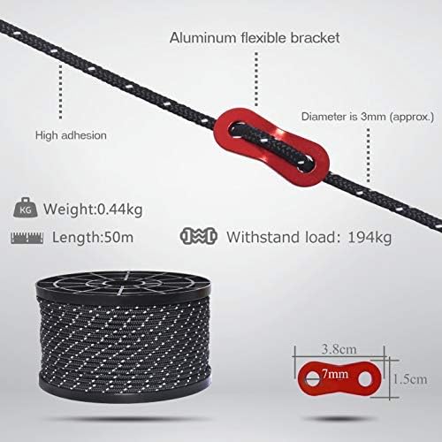 Hikeman 50m Reflective Guyline Solid Braid Nylon Camping Rope with Aluminum Adjuster Cord Tensioner