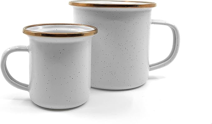 Barebones 5-Ounce Enamel Espresso Cup Set of 2 - Small Coffee Mug and Tea Cup - Stainless Steel Rim