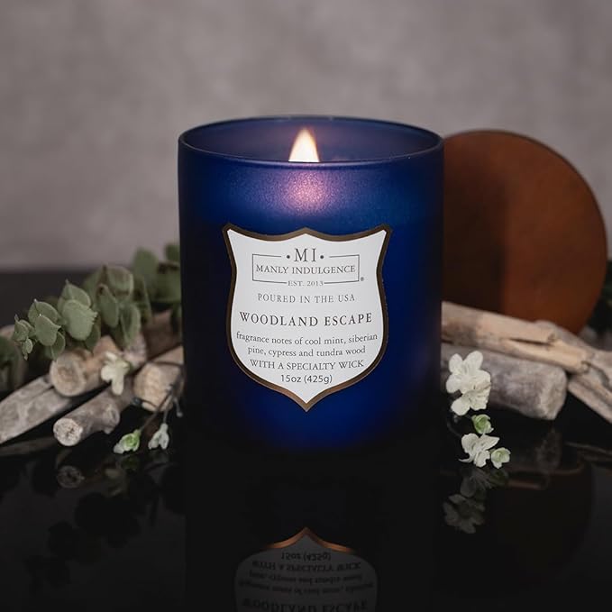 Manly Indulgence Woodland Escape Scented Candles for Men, 15 oz Wooden Wick, Premium Soy Blend Wax