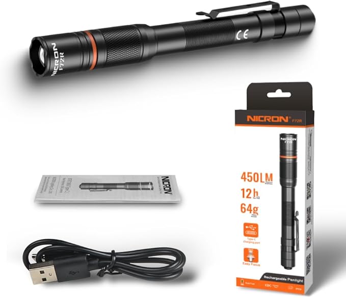 NICRON F72R Pen Light, Pocket Flashlight with Clip,5 Modes 450 lumens mini Rechargeable Flashlight