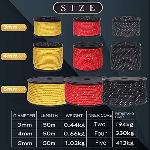 Hikeman 50m Reflective Guyline Solid Braid Nylon Camping Rope with Aluminum Adjuster Cord Tensioner