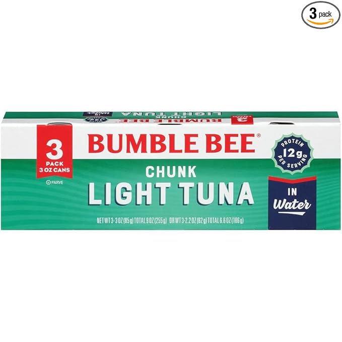 Bumble Bee Chunk Light Tuna In Water, 3 oz Cans (Pack of 3) - Wild Caught Skipjack Tuna - 12g