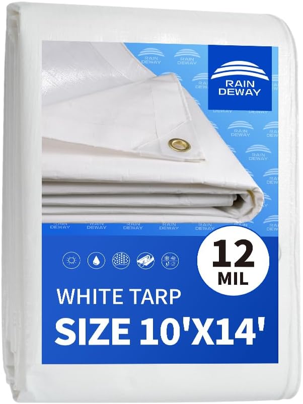 RAINDEWAY White Tarps 10x14 Feet,Heavy Duty Waterproof, 12 Mil Thick,UV Resistant, Weatherproof