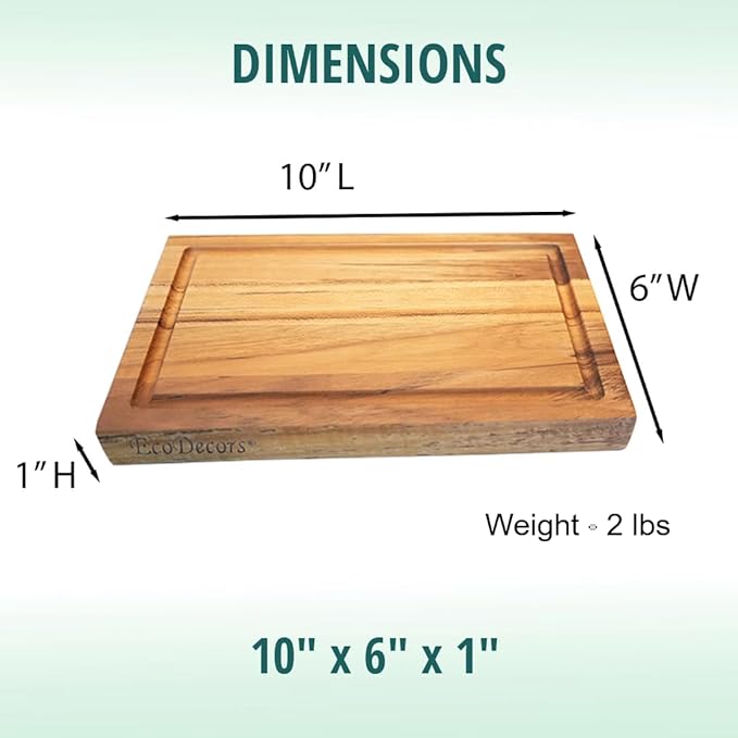 EcoDecors, Teak Cutting Board 10"x6", Reversible Compact Teak Wood Edge Grain Cutting Board with