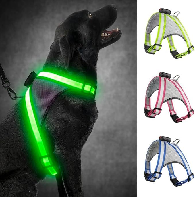 Visinite LED Dog Harness, USB Rechargeable Light Up Dog Vest, 2 Illuminate Modes Glow in The Dark