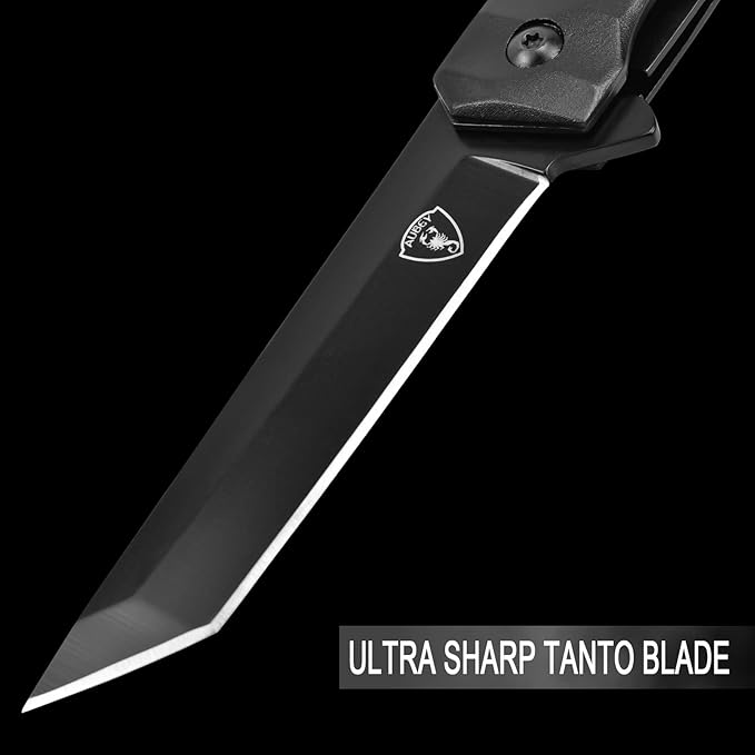 AUBEY Tanto Blade EDC Knife, 440 Steel Pocket Folding Knife with Liner Lock, Clip, Aluminum Handle
