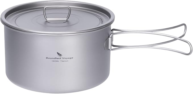 iBasingo 1.8L Titanium Cooking Pot with Lid Camping Cookware with Foldable Handle Outdoor Portable