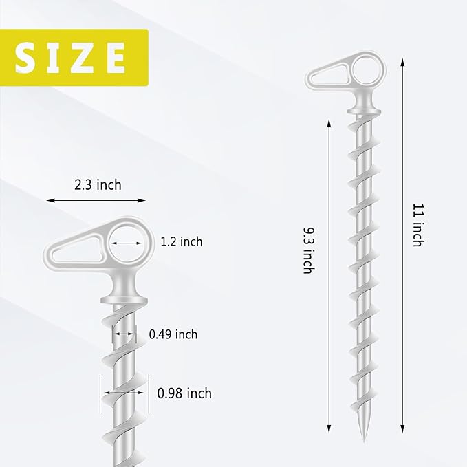 11" Aluminum Screw-in Ground Anchors - Heavy Duty Metal, Non-Rust Spiral Tent Stakes for High Wind