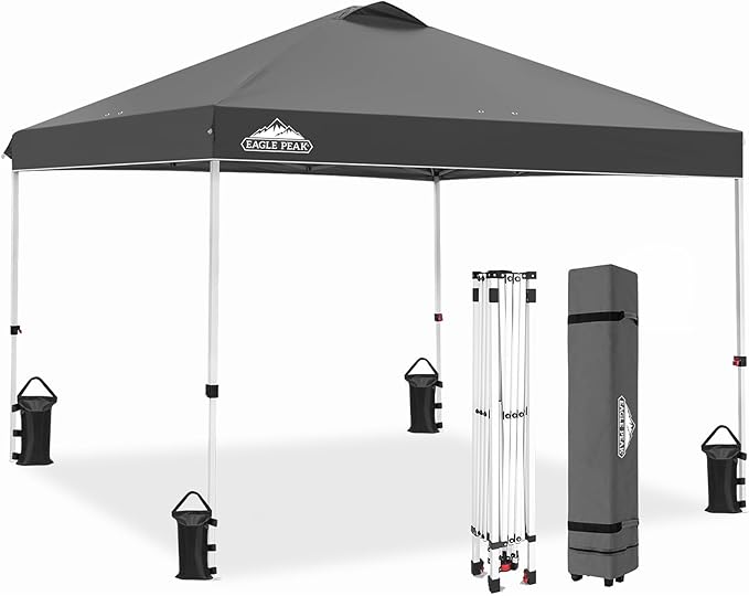 EAGLE PEAK Pop Up Canopy Tent with Wheeled Carry Bag, 8 Stakes, 4 Ropes, 4 Weight Bags, Easy Set Up