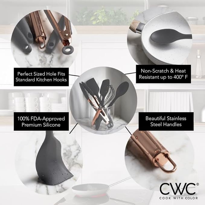 COOK WITH COLOR Silicone Cooking Utensils, Kitchen Utensil Set, Easy to Clean Silicone Kitchen