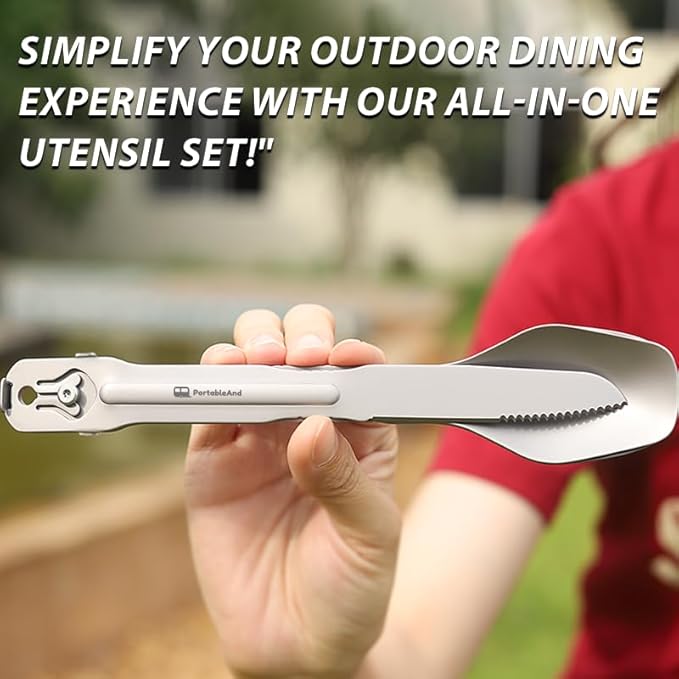 PortableAnd 4-in-1 Camping Utensil Set: Spoon, Spork, Knife, Tongs - Stainless Steel Multi Tool for