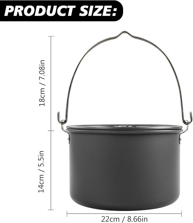 Aluminum Alloy Camping Hanging Pot with Lid Lifter Handle Lightweight 4200ml Portable Pot for