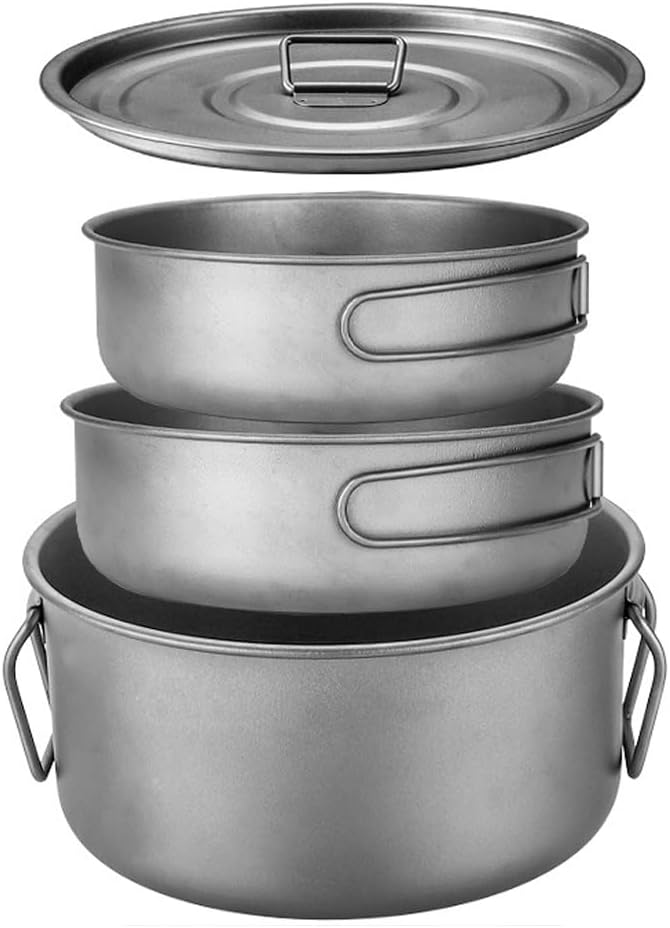 BY-J 3 Piece-Set, Outdoor Titanium Frying Pan & Pot with Lid Folding Handle Camping Hanging