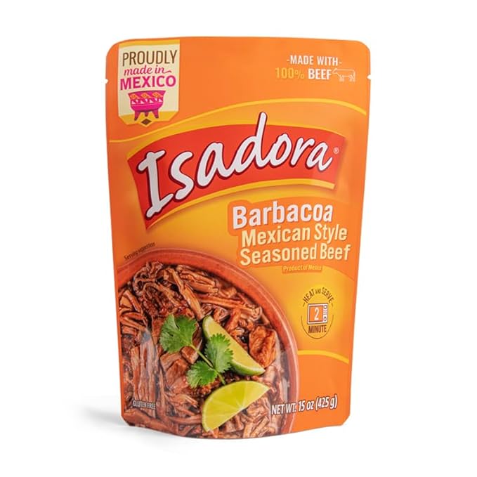 Isadora Fully Cooked Barbacoa Mexican Style 15 oz, Ready-to-eat, Seasoned Beef, Instant Meal, Shelf